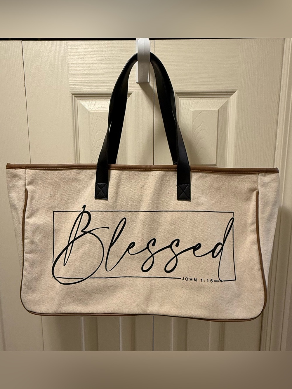 Blessed Scripture Tote in Beige & Black by Love in Faith EUC